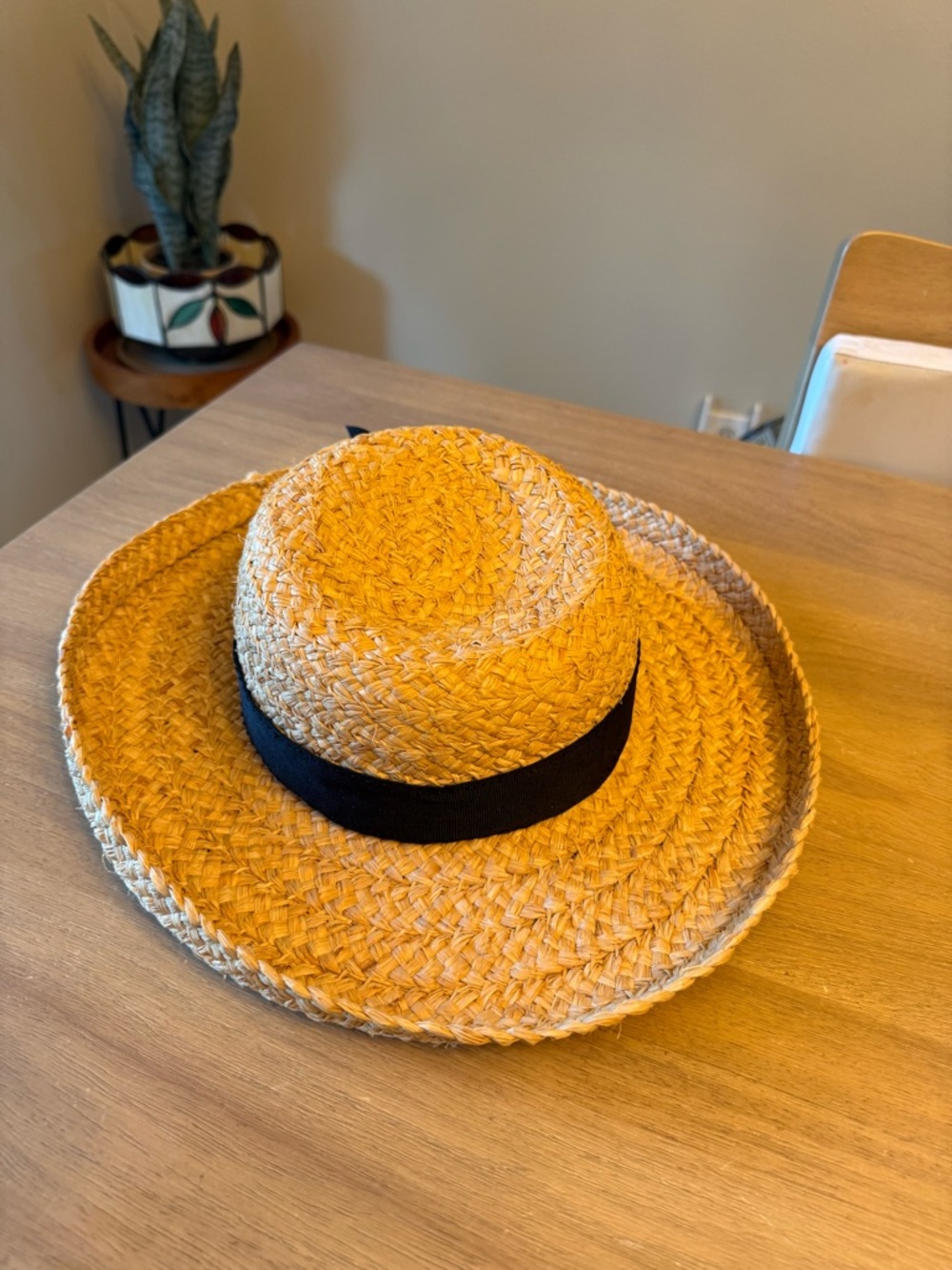 Liz Claiborne Natural Straw Wide-Brim Hat with Black Band